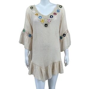 Everleigh Top Women 1X Tan Boho Crochet Beach Tunic Sheer Summer Hippie Festival